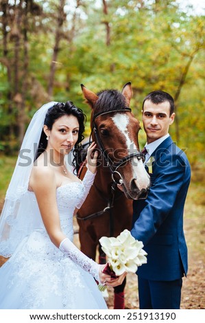 Bride and groom with horse. Portrait of a fashion bride and groom with horse.