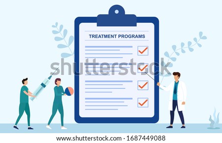 Doctors discussing disease treatment options, medical health care concept，Concept for medical app and websites. Flat vector illustration.	
