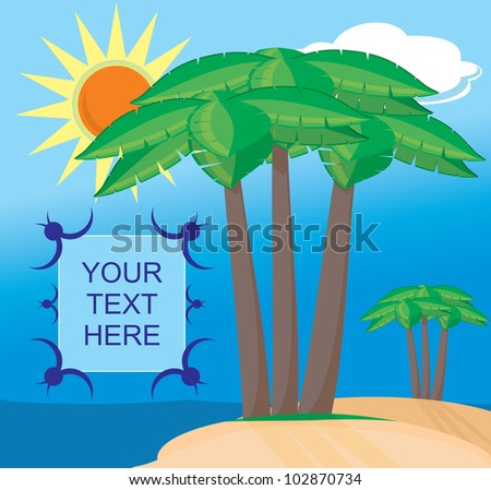 The tropical landscape: an island, ocean, palm trees.