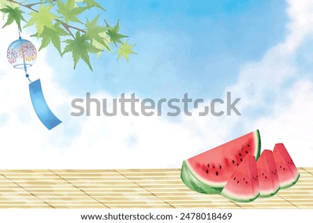 Watercolor hand drawn summer blue sky, watermelon and wind chimes