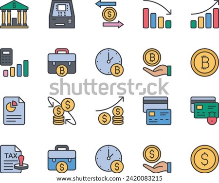 Filled color outline icons set for Banking and Finance.