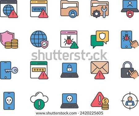Filled color outline icons set for Cyber crimes.