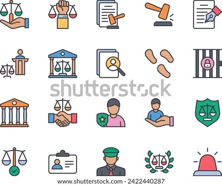 Filled color outline icons set for Law and Justice.