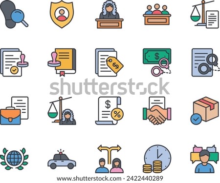 Filled color outline icons set for Law and Justice.