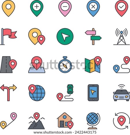 Filled color outline icons set for Map and navigation.