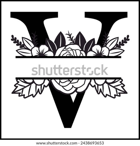 V Floral Split Monogram , Flower Monogram Clipart, Floral Letter Graphic, Alphabet Bundle |Split Monogram Alphabet | Split Monogram Frame Alphabet | Cut File for Circuit, Silhouette