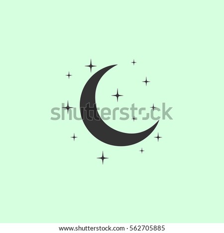 Night icon flat. Grey vector symbol on green background