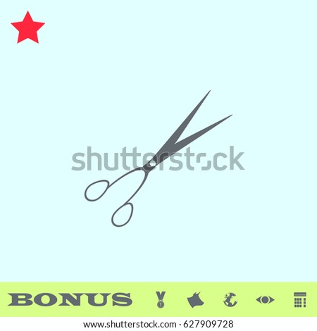 Barber scissors icon flat. Grey pictogram on blue background. Vector illustration symbol and bonus buttons medal, cow, earth, eye, calculator