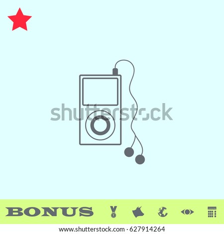 Mp3 player icon flat. Grey pictogram on blue background. Vector illustration symbol and bonus buttons medal, cow, earth, eye, calculator