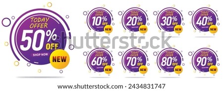 Different percent discount sticker discount price tag set. Blue round speech bubble shape promote buy now with sell off up to 20, 30, 40, 50, 60, 70, 80 percentage vector illustration isolated on whit