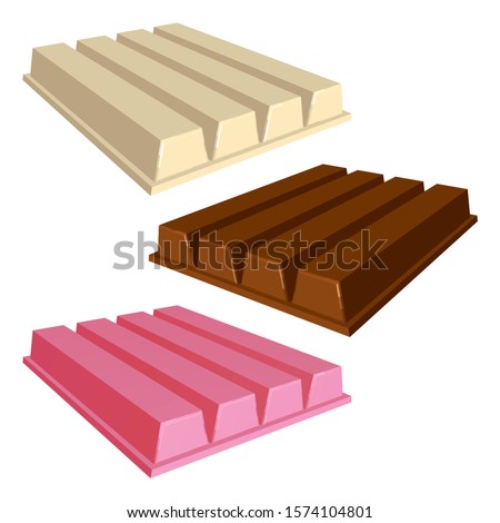 Set of Chocolates Isolated on White Background. White Milk and Strawberry Chocolate Bars in Perspective. Vector Realistic 3D illustration.