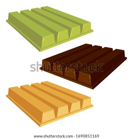 Set of Chocolates Isolated on White Background. Mint, Dark and Tea Flavor Chocolate Bars in Perspective. Vector Realistic 3D illustration.