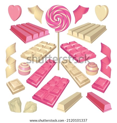 Set of White and Pink Chocolates and Candies. Valentine’s Day Sweets Isolated on White Background. Festive Candies, Chocolate Shavings, Chunks and Pieces. Vector 3d Realistic Illustration.