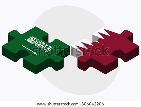 Saudi Arabia and Qatar Flags in puzzle isolated on white background
