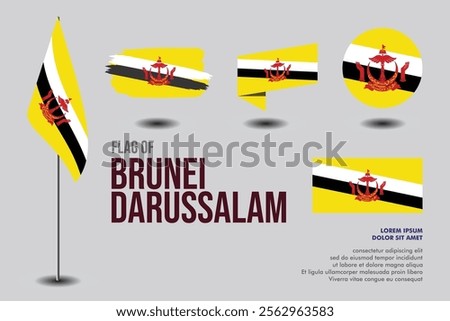 Set of Brunei Darussalam flag in 5 designs: flag on pole, brush stroke, skew, round and standard. vector, flat, isolated on grey background