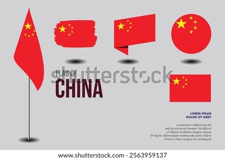 Set of China flag in 5 designs: flag on pole, brush stroke, skew, round and standard. vector, flat, isolated on grey background
