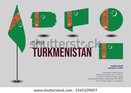 Set of Turkmenistan flag in 5 designs: flag on pole, brush stroke, skew, round and standard. vector, flat, isolated on grey background