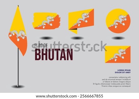 Set of Bhutan flag in 5 designs: flag on pole, brush stroke, skew, round and standard. vector, flat, isolated on grey background
