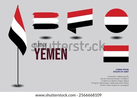 Set of Yemen flag in 5 designs: flag on pole, brush stroke, skew, round and standard. vector, flat, isolated on grey background