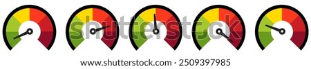 Risk meter. Risk concept on speedometer, vector illustration. Scale low, medium or high risk on speedometer. Set of gauges from low to high. Minimum to Maximum. Min Max. Customer satisfaction meter.