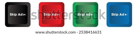 Skip ad button. skip advertisement transparent png button for website, 3d black, red, green and blue. online video player. vector illustration.