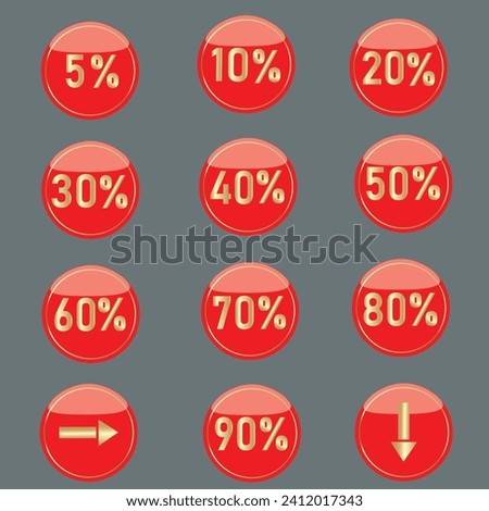 Set of vector icons. Discounts, sales. Gold numbers, percentages on a red background in a glass design. Geometric figures.