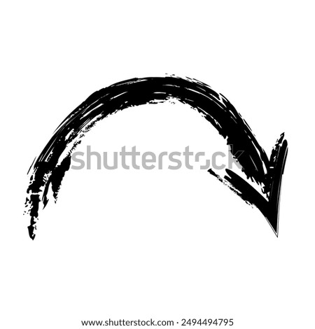 Modern arc-shaped arrow, direction indicator. Grunge graphics. Black brush strokes on a white background. Abstract handmade texture