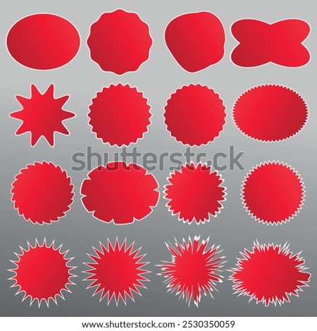 Set of red gradient stickers. Star formations. Collection of special labels and badges with oval and round sunbursts. Advertising stickers with stars on the edges. Vector.