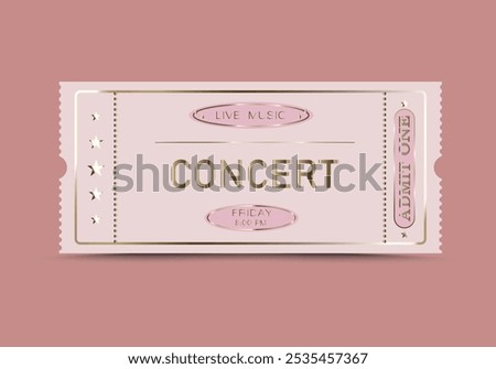 Concert ticket. Ticket template with gold font. Entrance ticket isolated on a light background. Vector illustration