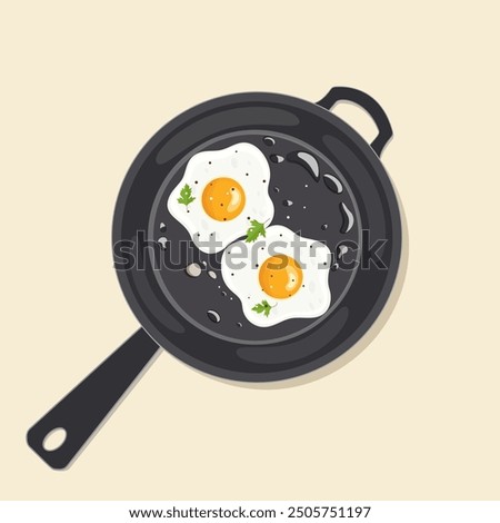 Frying eggs on frying pan illustration. Stock vector art isolated on white background