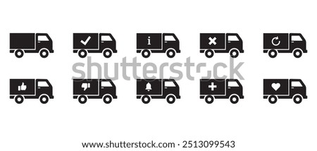 Express delivery trucks vector black icons pack. confirmation, approval, accept, information, reload, like, dislike, notification, plus vector illustration