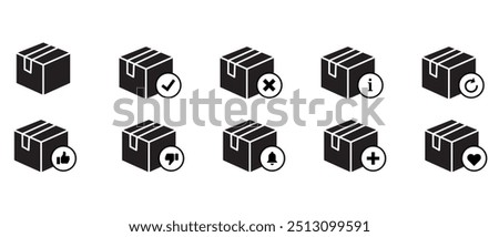 Carton Parcel Box delivery silhouette black Icon pack. confirmation, approval, accept, information, reload, like, dislike, notification, plus vector illustration