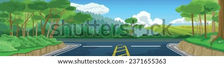 Vector or Illustrator of landscape transportation of asphalt road intersection in forest. front of the scenery is a pine forest and rolling mountains. Two side with trees forest with drainage way.