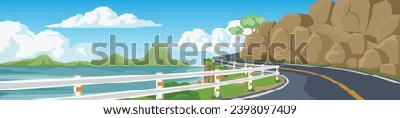 Copy Space Flat Vector Illustration. of curved asphalt road path and environment of sea beach with rocks and cliffs. Road has a boundary fence. Island under blue sky and white clouds for background.