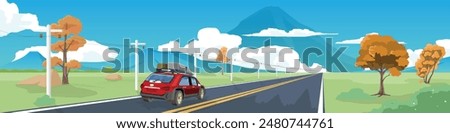 Horizontal view of asphalt road with nature two side of road. Background of mountain and clouds under blue sky. with Perspectives rear side view of SUV red car. with driving go to travel on upcountry.