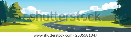 Curvy road on the meadow. Asphalt road leading to the destination ahead. Green fields surrounded by hills. Vector or Illustration transport and nature background for banner.