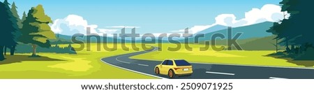 Cartoon Vector or Illustration of a yellow car on the road. Luxury cars driving on curved asphalt roads with driving. Green open fields and mountain under blue sky for background.