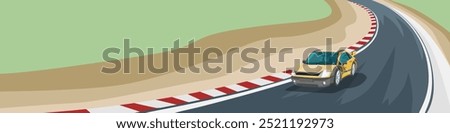 Car races along a winding asphalt road. surrounded by lush greenery. yellow sports car navigates a sharp turn on a racetrack. Feeling the thrill of the open road.