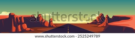 Vast landscape with a long of asphalt road stretching into the distance. Sky vibrant gradient of Green and Yellow and sunrise or sunset. Rock two beside. Journey filled with adventure and discovery.