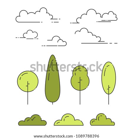 Natural park elements set of trees, shrubs and clouds in line art with editable stroke isolated on white background. Outline abstract plants and sky symbols in vector illustration.