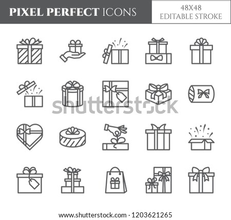 Gift boxes icons set with editable stroke - black outline transparent elements of wrapped and decorated with ribbon and bow close and open present packages isolated on white in vector illustration.