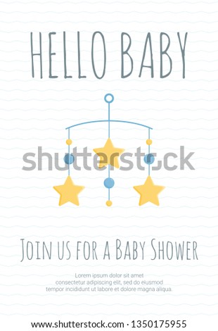 Baby boy arrival and shower invitation template with cot mobile with blue circles and yellow stars.