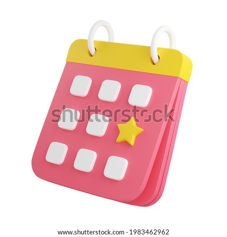 Calendar with marked date 3d render illustration. Pink floating organizer with rings, yellow bound and noted with star day for event or holiday planning concept isolated on white background.