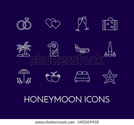 Honeymoon line icons set with love and romantic date theme pictograms isolated on white background. Elements of love for greeting card in vector illustration. Stock fotó © 