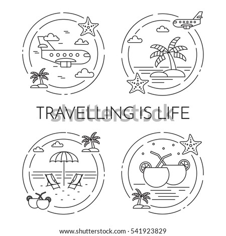 Traveling banner set with outline journey and vacation related elements collected in form of round isolated on white background. Vector illustration in line art style.