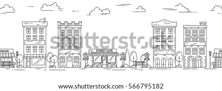 City skyline seamless pattern in line art style - landscape with houses, trees and clouds. Isolated vector illustration of beautiful cityscape for real estate and property banner or card.