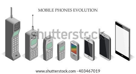 Vector set modern and vintage mobile gadgets. mobile phone  evolution vector isometric.  Mobile phone evolution vector isometric.  Isometric mobile phone template.