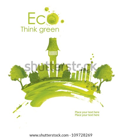 Illustration environmentally friendly planet.Green town, plant and trees, hand drawn from watercolor stains, isolated on a white background. Think Green. Eco Concept.