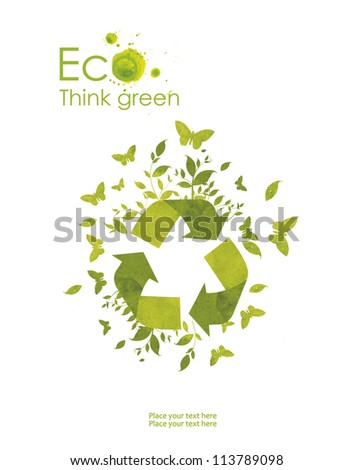 Illustration environmentally friendly planet. hand pointsto the eco sign, from watercolor stains,isolated on a white background. Think Green. Ecology Concept.