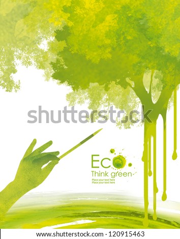 Illustration environmentally friendly planet.Hand draws a green tree with even the wet streaks of paint ,from watercolor stains,isolated on a white background. Think Green. Ecology Concept.